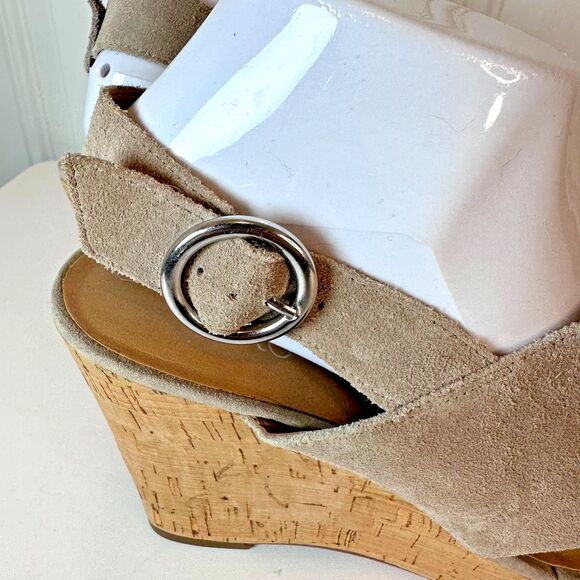 Franco Sarto Sari Wedge Sandals Womens US 9 Taupe Leather Cork Wedge Heels Shoes - Picture 6 of 8